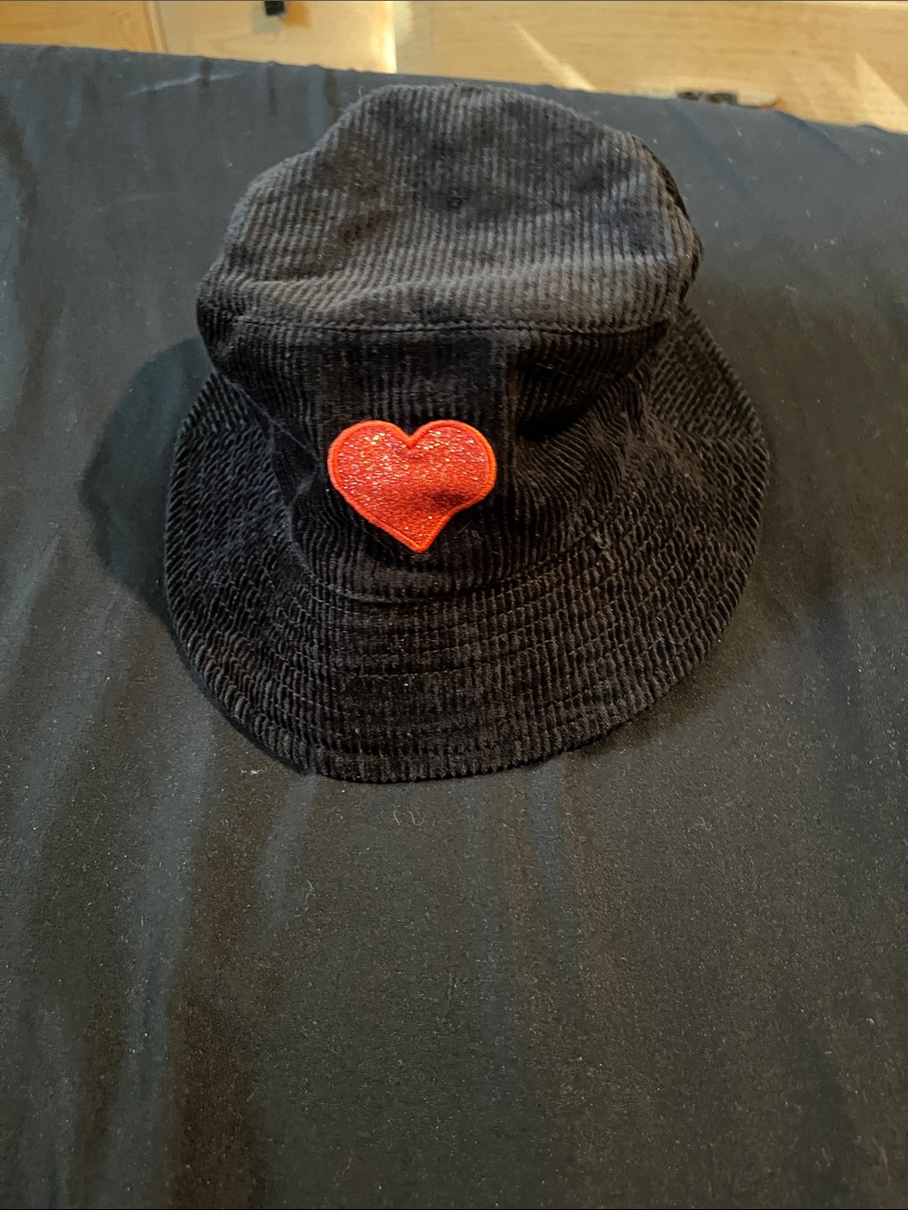 Black Corduroy Bucket Hat with Red Heart Patch